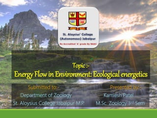 Topic:-
EnergyFlowinEnvironment:Ecologicalenergetics
Submitted to:- Presented by:-
Department of Zoology Kamlesh Patel
St. Aloysius College Jabalpur M.P. M.Sc. Zoology 3rd Sem
 