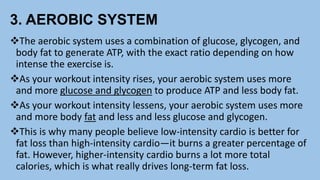 3. AEROBIC SYSTEM
The aerobic system uses a combination of glucose, glycogen, and
body fat to generate ATP, with the exact ratio depending on how
intense the exercise is.
As your workout intensity rises, your aerobic system uses more
and more glucose and glycogen to produce ATP and less body fat.
As your workout intensity lessens, your aerobic system uses more
and more body fat and less and less glucose and glycogen.
This is why many people believe low-intensity cardio is better for
fat loss than high-intensity cardio—it burns a greater percentage of
fat. However, higher-intensity cardio burns a lot more total
calories, which is what really drives long-term fat loss.
 