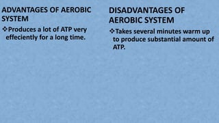ADVANTAGES OF AEROBIC
SYSTEM
Produces a lot of ATP very
effeciently for a long time.
DISADVANTAGES OF
AEROBIC SYSTEM
Takes several minutes warm up
to produce substantial amount of
ATP.
 
