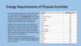 Energy Requirements of Physical Activities
• Our body requires energy, even at rest. The energy
or calories burned during rest and when we are
active is known as our metabolic rate. The amount
of energy our body requires depends on a number
of factors including things like our height and
weight, body composition and activity levels.
• Energy is measured in calories, and calories are
gained from the foods we eat. If we consume the
same amount of calories that we use our weight
will remain constant. This is known as an energy
balance. If we consume more calories than we use
then we will put on weight and vise versa as we no
longer have an energy balance.
• Different activities burn different amounts of
energy or calories. The table below is based on the
number of calories someone weighing 60kg would
burn in an hour:
 