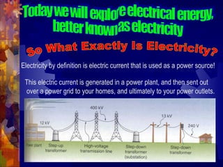 Electricity by definition is electric current that is used as a power source!
This electric current is generated in a power plant, and then sent out
over a power grid to your homes, and ultimately to your power outlets.
 