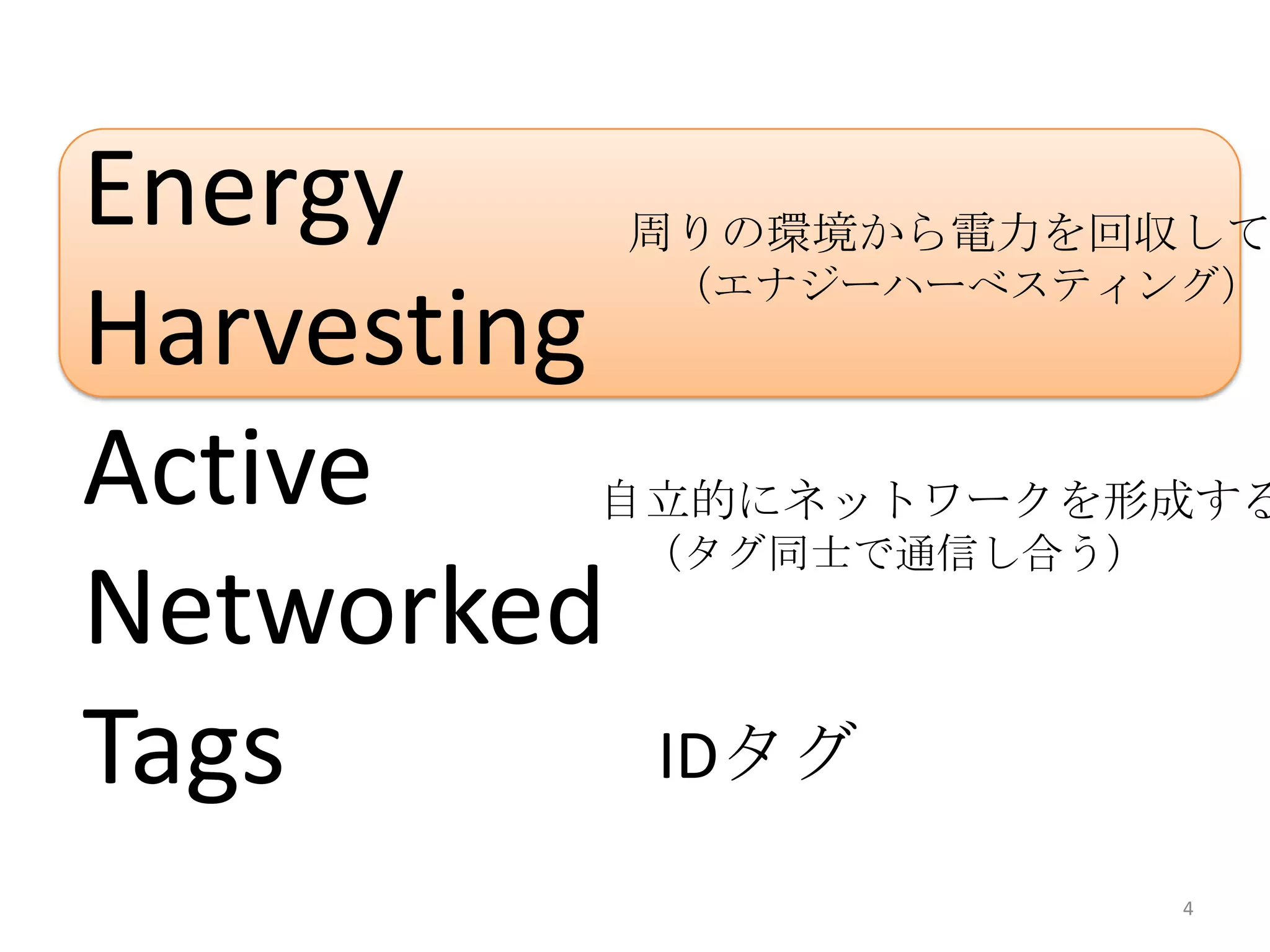 Energy       周りの環境から電力を回収して
             （エナジーハーべスティング）
Harvesting
Active   自立的にネットワークを形成する
             （タグ同士で通信し合う）
Networked
Tags         IDタグ
                            4
 