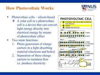 How Photovoltaic Works
  Photovoltaic cells – silicon-based
     A solar cell or a photovoltaic
     cell is a device that can convert
     light energy directly into
     electrical energy by means
     of photovoltaic effect
  Two main functions:
  1. Photo generation of charge
     carriers in a light absorbing
     material (electrons and holes)
  2. Separation of these charge
     carriers to maintain flow
     i.e. produce electricity
 