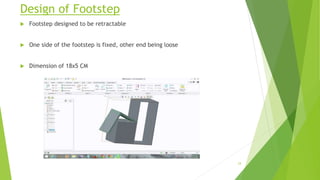 Design of Footstep
 Footstep designed to be retractable
 One side of the footstep is fixed, other end being loose
 Dimension of 18x5 CM
24
 