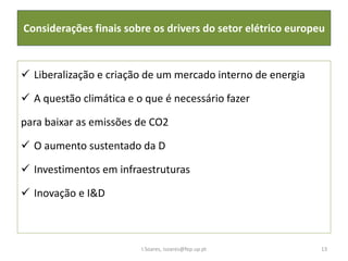 Considerações finais sobre os drivers do setor elétrico europeu
 Liberalização e criação de um mercado interno de energia
 A questão climática e o que é necessário fazer
para baixar as emissões de CO2
 O aumento sustentado da D
 Investimentos em infraestruturas
 Inovação e I&D
I.Soares, isoares@fep.up.pt 13
 
