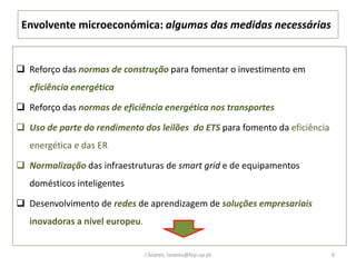Envolvente microeconómica: algumas das medidas necessárias
 Reforço das normas de construção para fomentar o investimento em
eficiência energética
 Reforço das normas de eficiência energética nos transportes
 Uso de parte do rendimento dos leilões do ETS para fomento da eficiência
energética e das ER
 Normalização das infraestruturas de smart grid e de equipamentos
domésticos inteligentes
 Desenvolvimento de redes de aprendizagem de soluções empresariais
inovadoras a nível europeu.
I.Soares, isoares@fep.up.pt 6
 