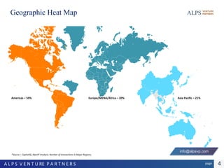 4pageA L P S V E N T U RE P A R T N E R S
Geographic Heat Map
*Source – CapitalIQ, AlpsVP Analysis; Number of transactions in Major Regions;
Asia Pacific – 21%Americas – 59% Europe/MENA/Africa – 20%
info@alpsvp.com
 