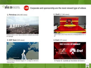 16
Corporate and sponsorship are the most viewed type of videos
16
1. Petrobras (863,466 views) 2. Shell (17,348 views)
3. GDF Suez (629 views) 4. Enel (570 views)
 