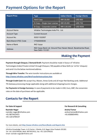 For Sales & Support
Ravinder Nagar
ravinder.nagar@infraline.com
+91 9873422453
+91 120 6799147
Making the Payment
Contacts for the Report
Payment Options for the Report
Payment through Cheques / Demand Draft: Payment should be made in favour of 'Infraline
Technologies (India) Private Limited' through Cheques / DD payable at New Delhi (or 'at Par' cheques)
and send it to the below mentioned address.
Through Wire Transfer: The wire transfer instructions are available at
http://www.infraline.com/WreTransferlnstructions.htm
Through Credit Card: We accept Visa, Master, Amex Cards and all major Net Banking cards. Additional
7% Gateway processing charge applicable along with additional shipping/courier charges.
For Payments in Foreign Currency: In case of payments to be made in USD, Euro, GBP, the conversion
rates on the date of purchases will be applicable.
For more details, visit http://www.infraline.com/Store/Books-and-Reports.htm
Infraline Knowledge Tower, A-31 Sector -3 Noida, G.B. Nagar Uttar Pradesh 201301
Tel: +91 120 6799100, Mob: 9873422453, Fax: +91 120 6799101
Email: ravinder.nagar@infraline.com
Report Price Type Indian Clients Foreign Clients
Hard Copy INR 30,000 USD 800
E-Copy – Single User License INR 25,000 USD 700
E-Copy – Corporate License INR 3,00,000 USD 8000
Account Name Infraline Technologies India Pvt.. Ltd.
Account Type Current Account
Account No. 503011022657
Bank Branch IFSC Code VYSA0005030
Name of Bank ING Vysya
Address
ING Vysya Bank Ltd. Ground Floor Narain Manzil, Barakhamba Road,
New Delhi-110 001
For Research & Consulting
Anshul Tomar
anshul.tomar@infraline.com
+91-8586854441
 