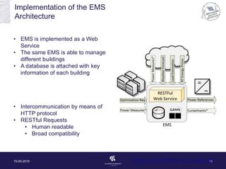 Implementation of the EMS
Architecture
15-05-2019 18
• EMS is implemented as a Web
Service
• The same EMS is able to manage
different buildings
• A database is attached with key
information of each building
• Intercommunication by means of
HTTP protocol
• RESTful Requests
• Human readable
• Broad compatibility
www.iot-energy.et.aau.dk
 