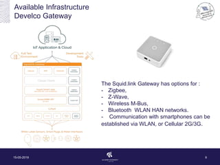 Available Infrastructure
Develco Gateway
15-05-2019 9
The Squid.link Gateway has options for :
- Zigbee,
- Z-Wave,
- Wireless M-Bus,
- Bluetooth WLAN HAN networks.
- Communication with smartphones can be
established via WLAN, or Cellular 2G/3G.
 