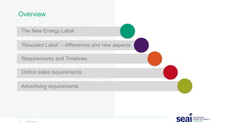 Overview
14 www.seai.ie
The New Energy Label
‘Rescaled Label’ – differences and new aspects
Requirements and Timelines
Online sales requirements
Advertising requirements
 