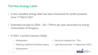 The New Energy Label
• A new ‘rescaled’ energy label has been introduced for certain products
since 1st March 2021
• Estimated savings by 2030 – 38.1 TW/hrs per year (equivalent to energy
consumption of Hungary)
• In 2021, 5 product groups initially:
16 www.seai.ie
• Refrigeration • Electronic displays (inc. TVs)
• Washing machines & Washer dryers • Light Sources (from 1st September 2021)
• Dishwashers
 
