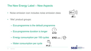 The New Energy Label – New Aspects
• Noise emission icon includes noise emission class
• ‘Wet’ product groups:
– Eco-programme is the default programme
– Eco-programme duration is longer
– Energy consumption per 100 cycles
– Water consumption per cycle
18 www.seai.ie
 