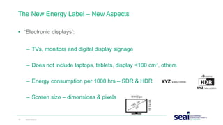 The New Energy Label – New Aspects
• ‘Electronic displays’:
– TVs, monitors and digital display signage
– Does not include laptops, tablets, display <100 cm2, others
– Energy consumption per 1000 hrs – SDR & HDR
– Screen size – dimensions & pixels
19 www.seai.ie
 