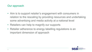 Our approach
• Aim is to support retailer’s engagement with consumers in
relation to the rescaling by providing resources and undertaking
some advertising and media activity at a national level
• Retailers can help to magnify our supports
• Retailer adherence to energy labelling regulations is an
important dimension of approach
30 www.seai.ie
 