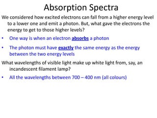 Excitation EnergyIn what region of the EM spectrum is the wavelength from the previous question?U.V. What energy photon would you need to ionize the atom?DE = 13.61 – 0 = 13.61 eVE = 0 eVE = -1.51 eVE = -3.40 eVE = -13.61 eV