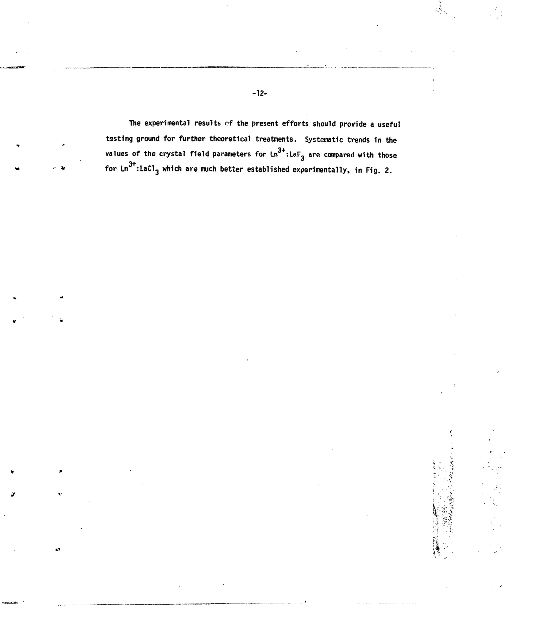 -12-
The experimental results of the present efforts should provide a useful
testing ground for further theoretical treatments. Systematic trends in the
values of the crystal field parameters for Ln3+
:LaF3 are compared with those
3+
for Ln :LaCl3 which are much better established experimentally, in Fig. 2.
i
- . >
 