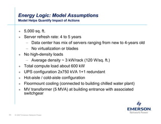Energy Logic: Model Assumptions
        Model Helps Quantify Impact of Actions
        Model Helps Quantify Impact of Actions


              5,000 sq. ft.
              Server refresh rate: 4 to 5 years
               – Data center has mix of servers ranging from new to 4-years old
               – No virtualization or blades
              No high-density loads
               – Average density ~ 3 kW/rack (120 W/sq. ft.)
              Total compute load about 600 kW
              UPS configuration 2x750 kVA 1+1 redundant
              Hot-aisle / cold-aisle configuration
              Floormount cooling (connected to building chilled water plant)
              MV transformer (5 MVA) at building entrance with associated
              switchgear




11   © 2007 Emerson Network Power
 