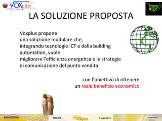 Voxplus	
 propone	
 	
 
una	
 soluzione	
 modulare	
 che,	
 	
 
integrando	
 tecnologie	
 ICT	
 e	
 della	
 building	
 
automa,on,	
 vuole	
 
migliorare	
 l’eﬃcienza	
 energe,ca	
 e	
 le	
 strategie	
 
di	
 comunicazione	
 del	
 punto	
 vendita	
 	
 
con	
 l’obieCvo	
 di	
 oKenere	
 
	
 un	
 reale	
 beneﬁcio	
 economico	
 
LA	
 SOLUZIONE	
 PROPOSTA	
 
 
