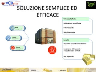 Energy	
 
management	
 	
 
Ligh<ng	
 
management	
 
HVAC	
 
management	
 
Supervisione	
 
Automazione	
 sempliﬁcata	
 
Sistema	
 aperto	
 
Retroﬁt	
 semplice	
 
Valore	
 dell’oﬀerta	
 
Risparmio	
 sui	
 cos<	
 di	
 installazione	
 
Incremento	
 del	
 risparmio	
 	
 
energe<co	
 e	
 del	
 comfort	
 
ROI	
 	
 migliorato	
 
Beneﬁci	
 	
 
SOLUZIONE	
 SEMPLICE	
 ED	
 
EFFICACE	
 
 