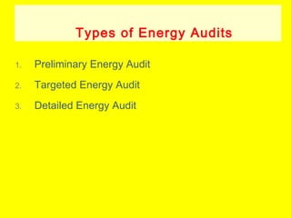 Types of Energy Audits
1.

Preliminary Energy Audit

2.

Targeted Energy Audit

3.

Detailed Energy Audit

 