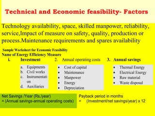 Technical and Economic feasibility- Factors
Technology availability, space, skilled manpower, reliability,
service,Impact of measure on safety, quality, production or
process.Maintenance requirements and spares availability
Sample Worksheet for Economic Feasibility

Name of Energy Efficiency Measure

i.

Investment
a. Equipments
b. Civil works
c. Instrumentati
on
d. Auxiliaries

2. Annual operating costs
•
•
•
•
•

Cost of capital
Maintenance
Manpower
Energy
Depreciation

Net Savings /Year (Rs./year)
= (Annual savings-annual operating costs)

3. Annual savings
•
•
•
•

Thermal Energy
Electrical Energy
Raw material
Waste disposal

Payback period in months
= (Investment/net savings/year) x 12

 