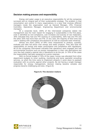 Decision making process and responsibility

        Energy and water usage is an executive responsibility for all the companies
surveyed and an integral part of their sustainability strategy. The problem is that
consumption and control in many organizations is a duty that involves different
managers inside the organization such as General Manager, CFO, Financial
Controller, Operations Manager, Engineering Department and environmental
managers.
        At a corporate level, 100% of the interviewed companies stated risk
management was the main reason for engaging in sustainability in the first place,
(risk is identified as non-compliance, cost increases and scarcity of raw materials),
30% indicated they had one PTE working on sustainability, 50% had one FTE and
the other 20% had more than one FTE. In any case, the majority of their time was
used in dealing with compliance and disclosure as well as corporate wide initiatives.
        Almost one third (30%) of EM’s were empowered to analyze, quantify,
evaluate and take full action over energy and water projects. They also took full
responsibility on energy and water consumption and compliance with regulations.
All of the companies interviewed indicated that operations were engaged and had
environmental functions such as energy management in their role descriptions but
very few had created a special role in operations to do the job. In 70% of the cases
the responsibility had been assigned to a senior engineer.
        With no formal budget in 70% of the cases, money was allocated from other
department budgets to cover auditing, monitoring and some specialist consulting
services, so when the time came to implement projects it came down to payback
evaluation with no priority against other projects. By not having a single manager
responsible for energy management, decision making became complex and
progress became challenging and slow. (Figure 8)


                          Figure 8. The decision makers


                                          O p e ratio n al
                                         Man ag e r; 5%
                                E ngineering
                                Manager; 8%       F inancial
                                               C ontroller; 0%

                         G eneral
                      Manager/Director
                           ; 8%




                                                                    S hared
                                E nviro/S us tainabi             res pons iblity;
                                   lity Manager;                      50%
                                        30%




                                                                                                       11
                                                                             Energy Management in Industry
 