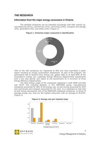 THE RESEARCH
Information from the major energy consumers in Victoria

      The sampled companies can be classified accordingly with their activity as:
manufacturing (61%), commercial (17%), oil/mining (10%), transport and storage
(5%), generators (5%), and others (2%). (Figure 1)

             Figure 1. Victorian major consumer’s classification


                                                      T rans port
                                                     S torag e; 2%
                                                 C ommerc ial;
                                                     2%




                                 O il/Mining ;
                                      40%




                                                                 Manufaturing ;
                                                                     56%




35% of the 185 companies are registered at EEO and have submitted a public
report including an energy consumption assessment. As part of the program, the
participants had to baseline their energy use, gather data on at least 80% of the
corporation’s energy use, undertake Energy Efficiency Opportunities assessments
over a five year period, and report to the Government on a minimum of three
Energy Efficiency Opportunities.
        The total energy usage of the companies registered in both EREP and EEO
was 541PJ (not including Qantas), in this EREP/EEO group, manufacturing
companies accounted for 56% of the energy use, oil and mining accounted for 40%
and commercial and transport accounted for 2% each. It is important to note that
oil and mining represented 14% of the EREP/EEO registered companies. In terms of
average energy use, they are the highest consumers with an average of 30.67PJ.
(Figure 2)

                      Figure 2. Energy use per industry type

               40



               30



               20




               10



               0
                    Oil/Mining   Manufaturing    Transport           Comerc ial    Generators   Not apply
                                                  Storage

                                                 Average Energy use (PJ)      N°



                                                                                                               5
                                                                                   Energy Management in Industry
 