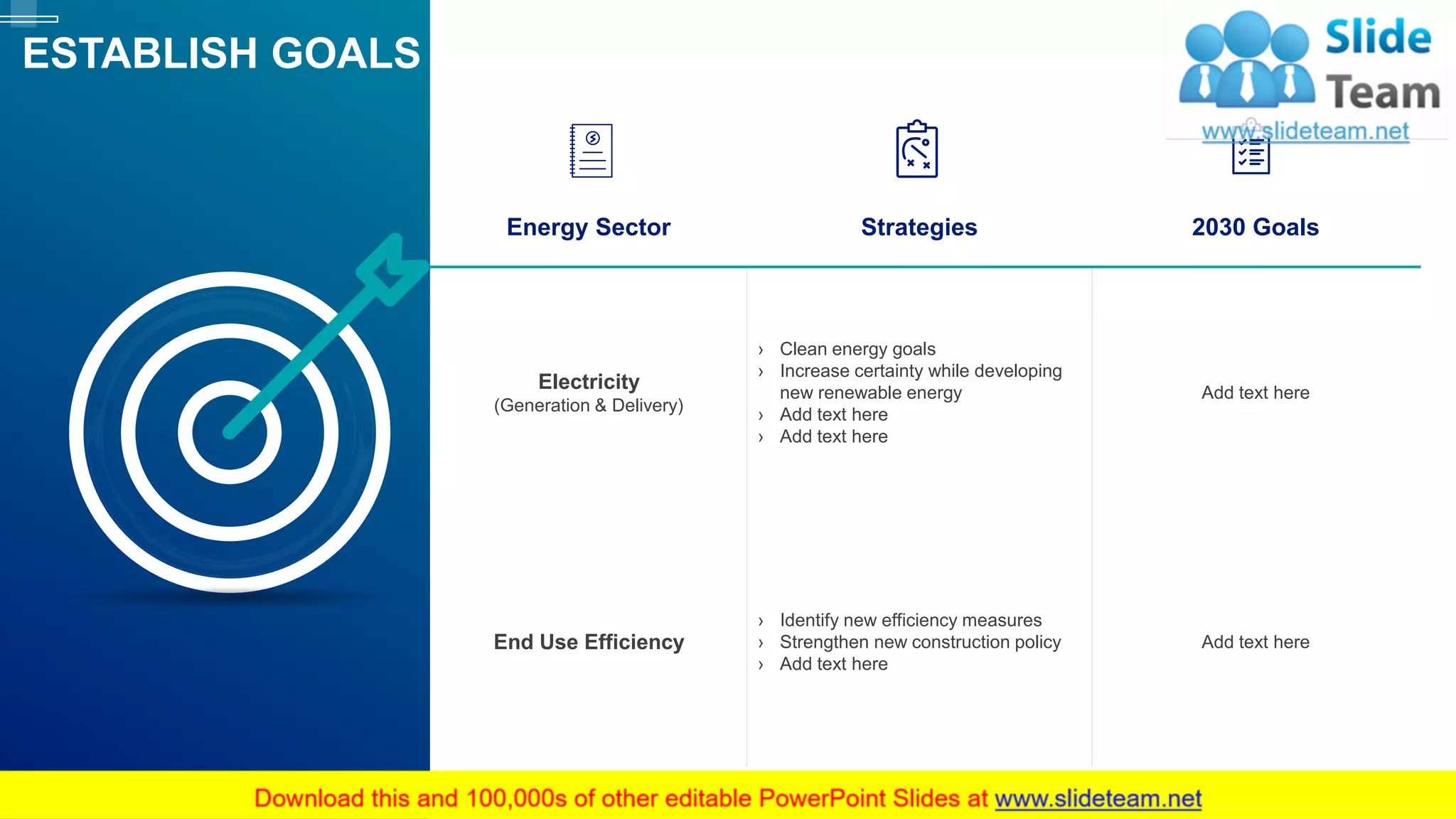 Energy Sector Strategies 2030 Goals
Electricity
(Generation & Delivery)
› Clean energy goals
› Increase certainty while developing
new renewable energy
› Add text here
› Add text here
Add text here
End Use Efficiency
› Identify new efficiency measures
› Strengthen new construction policy
› Add text here
Add text here
ESTABLISH GOALS
This slide is 100% editable. Adapt it to your needs and capture your audience's attention. 13
 
