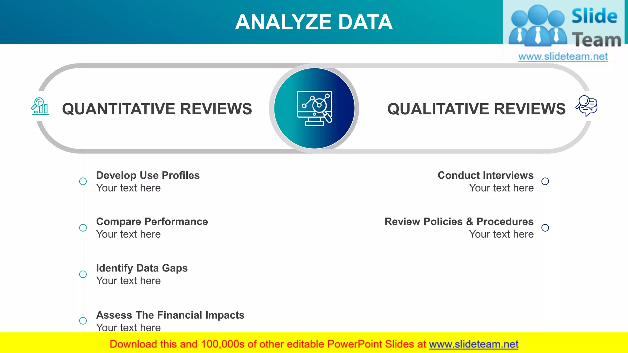 ANALYZE DATA
23
Develop Use Profiles
Your text here
Compare Performance
Your text here
Identify Data Gaps
Your text here
Assess The Financial Impacts
Your text here
Conduct Interviews
Your text here
Review Policies & Procedures
Your text here
QUANTITATIVE REVIEWS QUALITATIVE REVIEWS
This slide is 100% editable. Adapt it to your needs and capture your audience's attention.
 