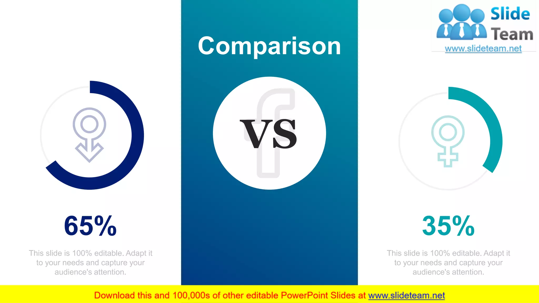Comparison
This slide is 100% editable. Adapt it
to your needs and capture your
audience's attention.
35%
This slide is 100% editable. Adapt it
to your needs and capture your
audience's attention.
65%
VS
62
 
