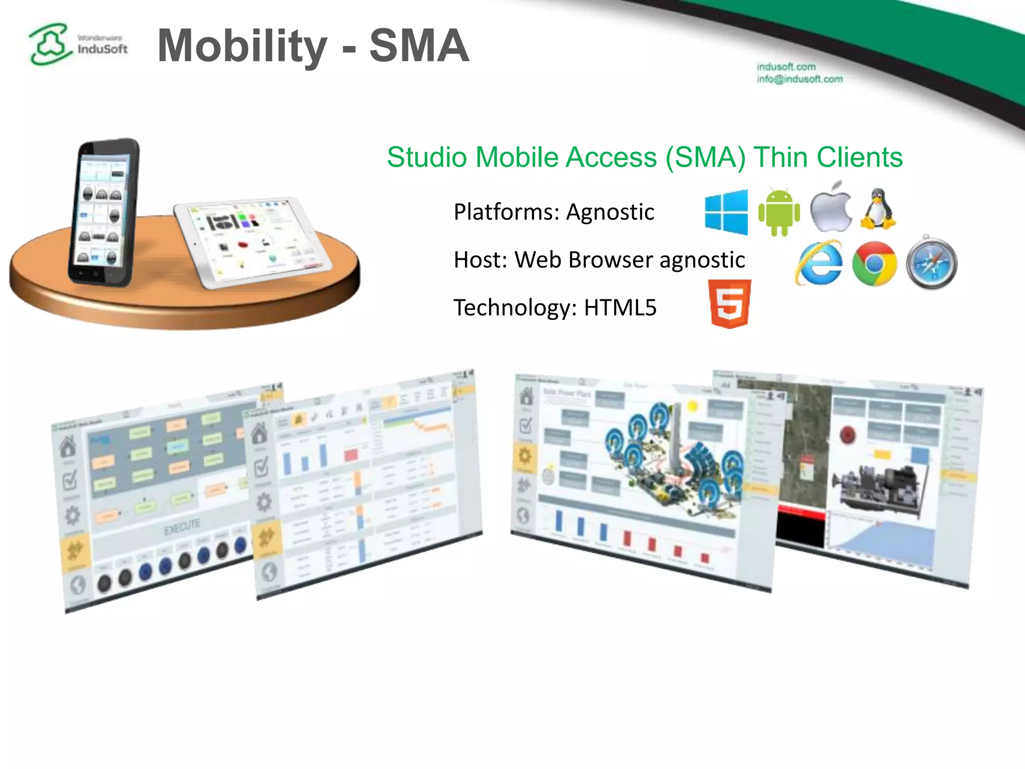 Mobility - SMA
Platforms: Agnostic
Host: Web Browser agnostic
Technology: HTML5
Studio Mobile Access (SMA) Thin Clients
 