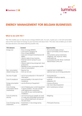 ENERGY MANAGEMENT FOR BELGIAN BUSINESSES
What to do with TCE ?
The TCE enables you to map all your energy-related costs. A...