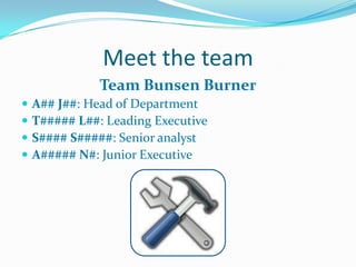 Meet the teamTeam Bunsen BurnerA## J##: Head of DepartmentT##### L##: Leading ExecutiveS#### S#####: Senior analyst A##### N#: Junior Executive 
