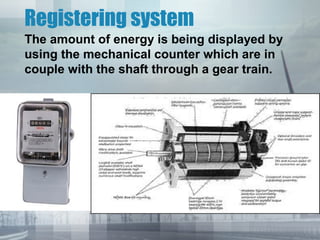 Registering system
The amount of energy is being displayed by
using the mechanical counter which are in
couple with the shaft through a gear train.

 