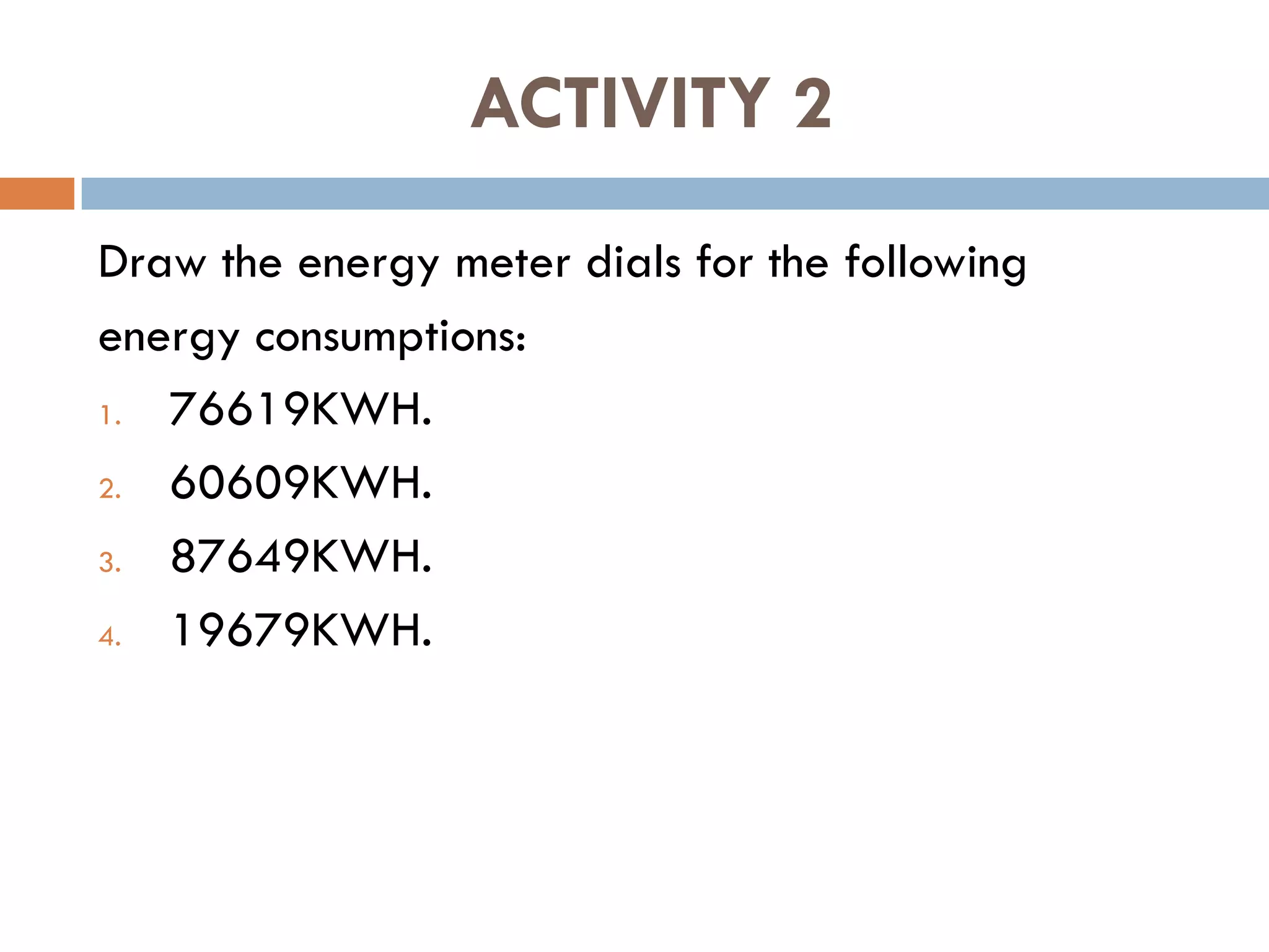 ACTIVITY 2
Draw the energy meter dials for the following
energy consumptions:
1. 76619KWH.
2. 60609KWH.
3. 87649KWH.
4. 19679KWH.
 