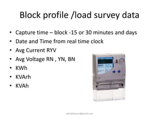 Block profile /load survey data
• Capture time – block -15 or 30 minutes and days
• Date and Time from real time clock
• Avg Current RYV
• Avg Voltage RN , YN, BN
• KWh
• KVArh
• KVAh
ashokktiwari@gmail.com
 
