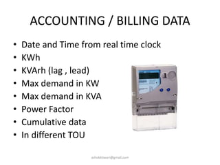 ACCOUNTING / BILLING DATA
• Date and Time from real time clock
• KWh
• KVArh (lag , lead)
• Max demand in KW
• Max demand in KVA
• Power Factor
• Cumulative data
• In different TOU
ashokktiwari@gmail.com
 