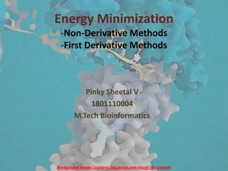 Energy Minimization
 -Non-Derivative Methods
 -First Derivative Methods



            Pinky Sheetal V
              1801110004
         M.Tech Bioinformatics




Background Image Courtesy: 3dciencia.com visual life sciences
 