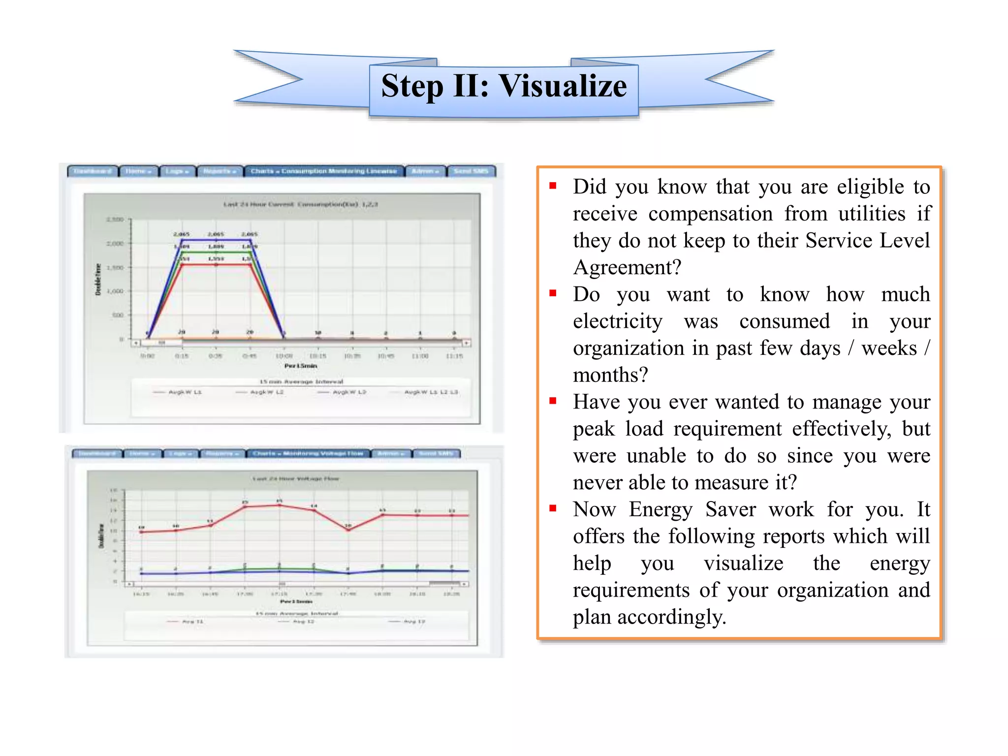 Step II: Visualize
 Did you know that you are eligible to
receive compensation from utilities if
they do not keep to their Service Level
Agreement?
 Do you want to know how much
electricity was consumed in your
organization in past few days / weeks /
months?
 Have you ever wanted to manage your
peak load requirement effectively, but
were unable to do so since you were
never able to measure it?
 Now Energy Saver work for you. It
offers the following reports which will
help you visualize the energy
requirements of your organization and
plan accordingly.
 