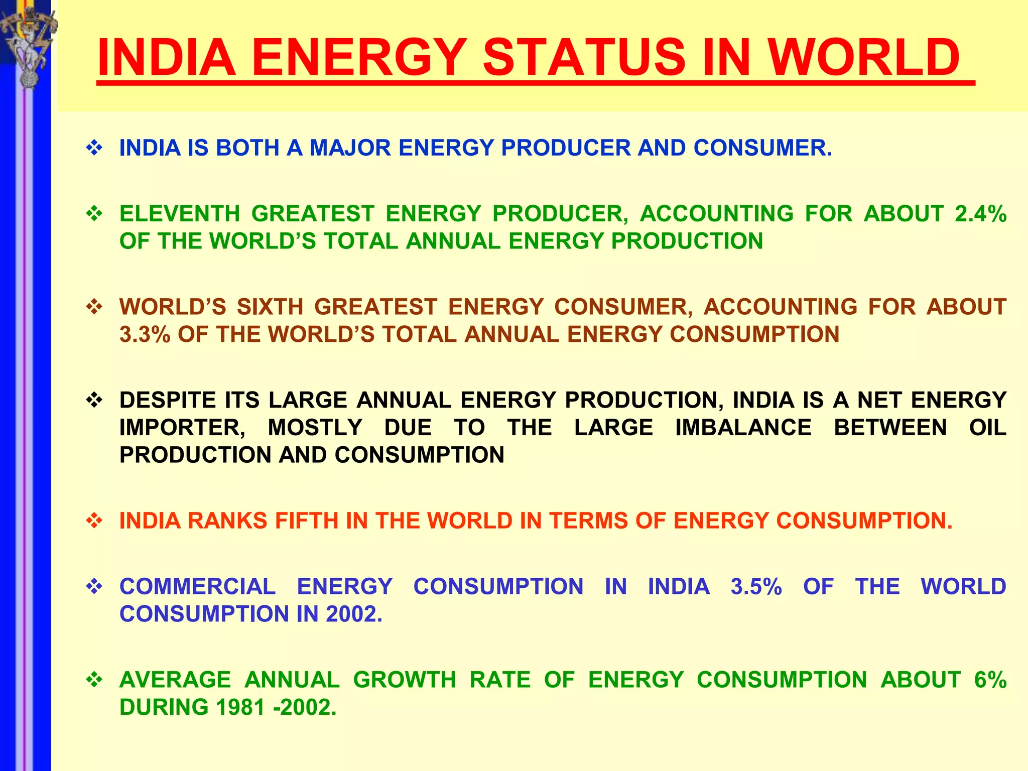 INDIA ENERGY STATUS IN WORLD
 INDIA IS BOTH A MAJOR ENERGY PRODUCER AND CONSUMER.

 ELEVENTH GREATEST ENERGY PRODUCER, ACCOUNTING FOR ABOUT 2.4%
  OF THE WORLD’S TOTAL ANNUAL ENERGY PRODUCTION

 WORLD’S SIXTH GREATEST ENERGY CONSUMER, ACCOUNTING FOR ABOUT
  3.3% OF THE WORLD’S TOTAL ANNUAL ENERGY CONSUMPTION

 DESPITE ITS LARGE ANNUAL ENERGY PRODUCTION, INDIA IS A NET ENERGY
  IMPORTER, MOSTLY DUE TO THE LARGE IMBALANCE BETWEEN OIL
  PRODUCTION AND CONSUMPTION

 INDIA RANKS FIFTH IN THE WORLD IN TERMS OF ENERGY CONSUMPTION.

 COMMERCIAL ENERGY CONSUMPTION IN INDIA 3.5% OF THE WORLD
  CONSUMPTION IN 2002.

 AVERAGE ANNUAL GROWTH RATE OF ENERGY CONSUMPTION ABOUT 6%
  DURING 1981 -2002.
 