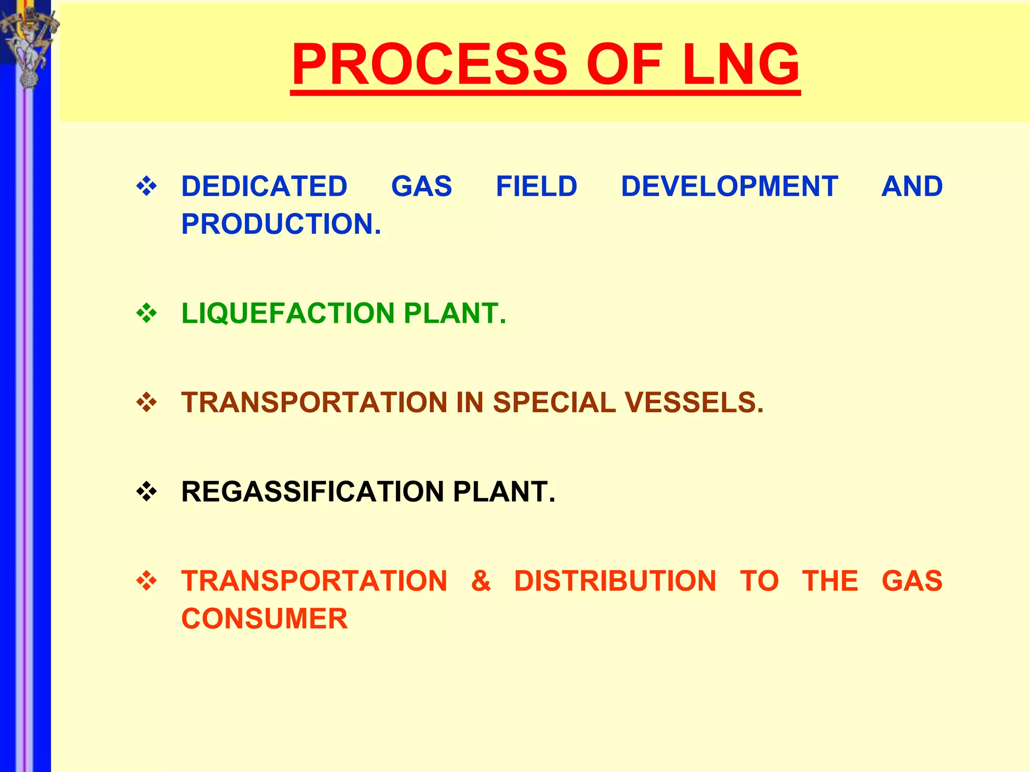 PROCESS OF LNG
 DEDICATED GAS     FIELD   DEVELOPMENT   AND
  PRODUCTION.


 LIQUEFACTION PLANT.


 TRANSPORTATION IN SPECIAL VESSELS.


 REGASSIFICATION PLANT.


 TRANSPORTATION & DISTRIBUTION TO THE GAS
  CONSUMER
 