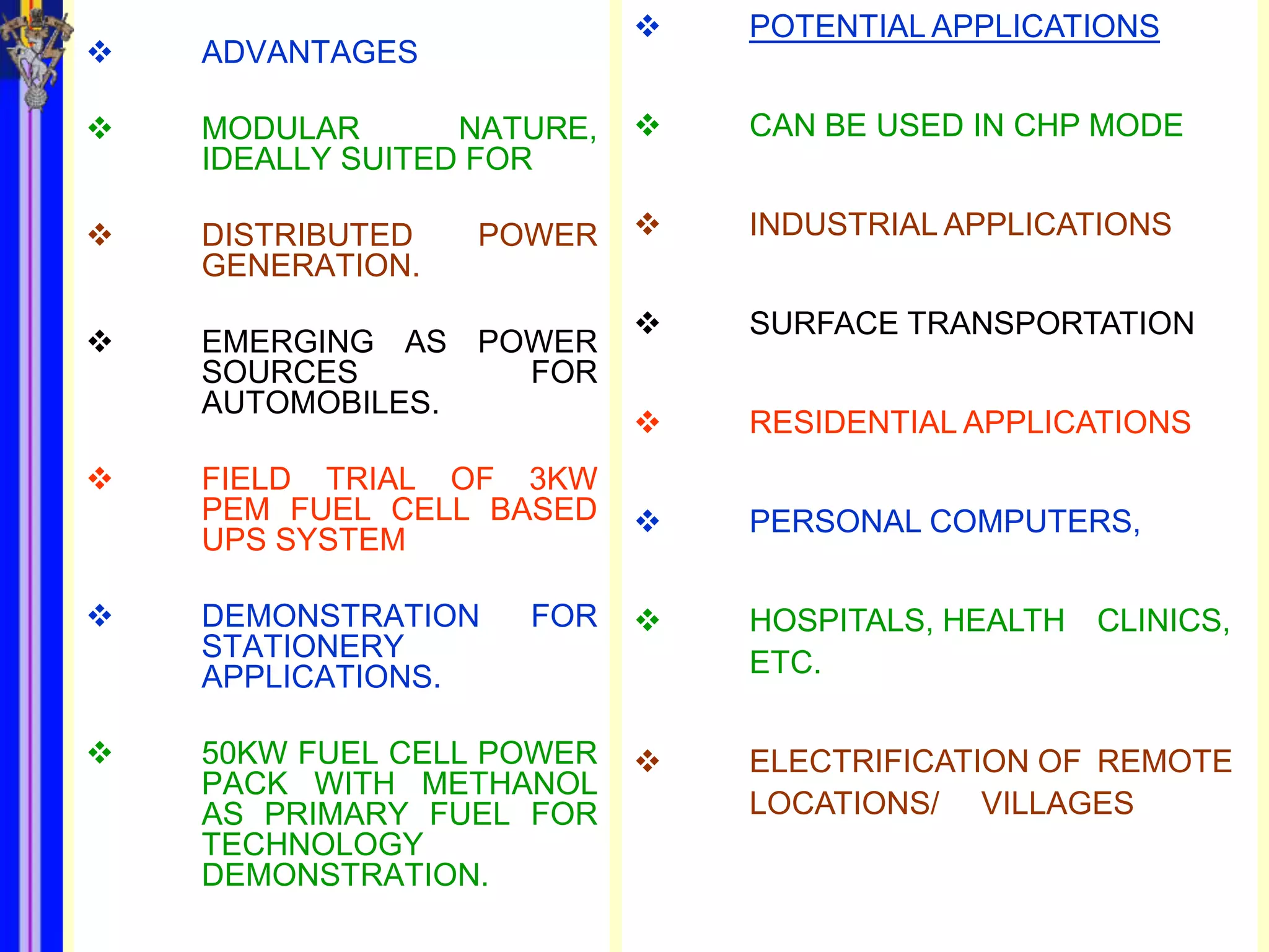    POTENTIAL APPLICATIONS
   ADVANTAGES

   MODULAR       NATURE,      CAN BE USED IN CHP MODE
    IDEALLY SUITED FOR

   DISTRIBUTED   POWER        INDUSTRIAL APPLICATIONS
    GENERATION.
                               SURFACE TRANSPORTATION
   EMERGING AS POWER
    SOURCES       FOR
    AUTOMOBILES.
                               RESIDENTIAL APPLICATIONS
   FIELD TRIAL OF 3KW
    PEM FUEL CELL BASED        PERSONAL COMPUTERS,
    UPS SYSTEM

   DEMONSTRATION    FOR       HOSPITALS, HEALTH CLINICS,
    STATIONERY
    APPLICATIONS.               ETC.

   50KW FUEL CELL POWER       ELECTRIFICATION OF REMOTE
    PACK WITH METHANOL
    AS PRIMARY FUEL FOR         LOCATIONS/ VILLAGES
    TECHNOLOGY
    DEMONSTRATION.
 