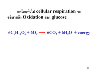 แต่ โดยทั่วไป cellular respiration จะ
อธิบายถึง Oxidation ของ glucose


6C6H12O6 + 6O2         6CO2 + 6H2O + energy




                                              22
 