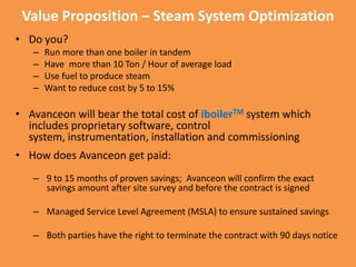 Value Proposition – Steam System OptimizationDo you?Run more than one boiler in tandemHave  more than 10 Ton / Hour of average loadUse fuel to produce steamWant to reduce cost by 5 to 15%Avanceon will bear the total cost of iboilerTM system which includes proprietary software, control system, instrumentation, installation and commissioningHow does Avanceon get paid:9 to 15 months of proven savings;  Avanceon will confirm the exact savings amount after site survey and before the contract is signedManaged Service Level Agreement (MSLA) to ensure sustained savingsBoth parties have the right to terminate the contract with 90 days notice