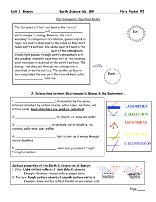 Unit 1: Energy                      Earth Science-Ms. Gill                    Note Packet #2

                                 Electromagnetic Spectrum Notes

  The Sun gives off light and heat in the form of
  _________________ and __________________                                           Sun
  electromagnetic energy. However, the short
  wavelengths (dangerous UV radiation, gamma rays & x-
  rays) are mostly absorbed by the ozone so they don’t
  reach earth’s surface. The ozone layer is found in the
  ____________________ layer of the atmosphere.
  Visible light passes through earth’s atmosphere with
  the greatest intensity. Less than half of the incoming
  solar radiation is received by the earth’s surface. The
  energy that does get through our atmosphere is
  absorbed by earths surface. The earth’s surface in
  turn reradiates the energy in the form of heat called               Earth
  ________________ radiation.




              J. Interactions between Electromagnetic Energy & the Environment:

1. _______________________UV absorbed by the ozone,
infrared absorbed by carbon dioxide, water vapor, methane, and
nitrous oxide. Good absorbers are good re-radiators!

2. _______________________ by clouds, ice, snow and water

3. ____________________ by aerosols, water droplets, ice
crystals, pollutants, dust, pollen

4. _______________________ light is bent as it moves through
varied densities

5. _______________________ when energy passes straight
through a medium

Less than __________________ of the incoming solar radiation is
received by the Earth.
Surface properties of the Earth & Absorption of Energy:
1. Color: Light (white) reflects & dark (black) absorbs
          Example: Pavement warms before grassy lawns.
2. Texture: Rough surface absorbs & smooth surface reflects
          Example: Snow and Ice reflect Insolation and remain cold.

                                                                                   Page:____
 