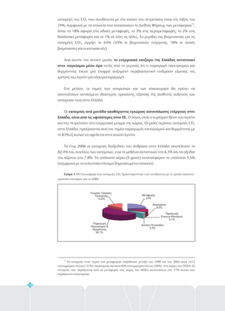 28
18
Οι εκπομπές στον τομέα των μεταφορών αυξήθηκαν μεταξύ του 1990 και του 2003 κατά 1412
εκατομμύρια τόνους ( 31%) παγκοσμίως και κατά 820 εκατομμύρια τόνους (26%) στις χώρες του Ο ΣΑ. Οι
εκπομπές που παράγονται από τις μεταφορές στις χώρες του Ο ΣΑ αντιστοιχούν στο 71% αυτών που
παράγονται παγκοσμίως.
Ο
Ο
Μεταφορές
23%
Βιομηχανία
9,4%
Παραγωγή
Στερεών Καυσίμων
0,1%
Διύλιση Πετρελαίου
3,5%
Παραγωγή
Ηλεκτρισμού &
Θερμότητας
50,1%
Γεωργία, Οικιακός,
Τριτογενής
13,8%
εκπομπές του CO που συνδέονται με την καύση του πετρελαίου είναι της τάξης του
24%, σύμφωνα με τα στοιχεία που ανακοινώνει το Διεθνές Φόρουμ των μεταφορών ,
όπου το 18% αφορά στις οδικές μεταφορές, το 3% στις αερομεταφορές, το 2% στις
θαλάσσιες μεταφορές και το 1% σε όλες τις άλλες. Το μερίδιο της βιομηχανίας για τις
εκπομπές CO , αγγίζει το 63% (45% οι βιομηχανίες ενέργειας, 18% οι λοιπές
βιομηχανίες και οι κατασκευές).
Από αυτήν την οπτική γωνία,
εκτός από το γεγονός ότι η παραγωγή ηλεκτρισμού και
θερμότητας έχουν μια ελαφρά αυξημένη περιβαλλοντική επίδραση εξαιτίας της
χρήσης του λιγνίτη για ηλεκτροπαραγωγή.
Στο μέλλον, οι τομείς των υπηρεσιών και των νοικοκυριών θα πρέπει να
αποτελέσουν αντικείμενο ιδιαίτερης προσοχής, εξαιτίας της αισθητής αύξησης των
εκπομπών τους στην Ελλάδα.
Οι
Ο λόγος είναι η κυρίαρχη θέση του λιγνίτη
και του πετρελαίου στο ενεργειακό μείγμα της χώρας. Οι μισές περίπου εκπομπές CO
στην Ελλάδα, προέρχονται από τον τομέα παραγωγής ηλεκτρισμού και θερμότητας με
το 83% εξ αυτών να οφείλεται στην καύση λιγνίτη.
Το έτος 2006 οι εκπομπές διοξειδίου του άνθρακα στην Ελλάδα αποτέλεσαν το
82,4% του συνόλου των εκπομπών, ενώ το μεθάνιο αντιστοιχεί στο 6,3% και τα οξείδια
του αζώτου στο 7,8%. Τα υπόλοιπα αέρια (F-gases) συνεισέφεραν το υπόλοιπο 3,5%
(σύμφωνα με τα τελευταία επίσημα δημοσιευμένα στοιχεία).
2
2
2
18
το ενεργειακό ισοζύγιο της Ελλάδας αντιστοιχεί
στον παγκόσμιο μέσο όρο
εκπομπές ανά μονάδα ακαθάριστης εγχώριας κατανάλωσης ενέργειας στην
Ελλάδα, είναι από τις υψηλότερες στην ΕΕ.
Σχήμα 1.11 Συνεισφορά στις εκπομπές CO δραστηριοτήτων που συνδέονται με τη χρήση (καύση)
ορυκτών καυσίμων για το 2006
2
 
