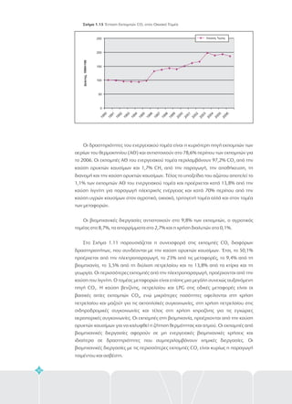 30
Σχήμα 1.15 Ένταση Εκπομπών CO στον Οικιακό Τομέα2
Οι δραστηριότητες του ενεργειακού τομέα είναι η κυριότερη πηγή εκπομπών των
αερίων του θερμοκηπίου (ΑΘ) και αντιστοιχούν στο 78,6% περίπου των εκπομπών για
το 2006. Οι εκπομπές ΑΘ του ενεργειακού τομέα περιλαμβάνουν 97,2% CO από την
καύση ορυκτών καυσίμων και 1,7% CH από την παραγωγή, την αποθήκευση, τη
διανομή και την καύση ορυκτών καυσίμων. Τέλος το υποξείδιο του αζώτου αποτελεί το
1,1% των εκπομπών ΑΘ του ενεργειακού τομέα και προέρχεται κατά 13,8% από την
καύση λιγνίτη για παραγωγή ηλεκτρικής ενέργειας και κατά 70% περίπου από την
καύση υγρών καυσίμων στον αγροτικό, οικιακό, τριτογενή τομέα αλλά και στον τομέα
των μεταφορών.
Οι βιομηχανικές διεργασίες αντιστοιχούν στο 9,8% των εκπομπών, ο αγροτικός
τομέας στο 8,7%, τα απορρίμματα στο 2,7% και η χρήση διαλυτών στο 0,1%.
Στο Σχήμα 1.11 παρουσιάζεται η συνεισφορά στις εκπομπές CO διαφόρων
δραστηριοτήτων, που συνδέονται με την καύση ορυκτών καυσίμων. Έτσι, το 50,1%
προέρχεται από την ηλεκτροπαραγωγή, το 23% από τις μεταφορές, το 9,4% από τη
βιομηχανία, το 3,5% από τη διύλιση πετρελαίου και το 13,8% από τα κτίρια και τη
γεωργία. Οι περισσότερες εκπομπές από την ηλεκτροπαραγωγή, προέρχονται από την
καύση του λιγνίτη. Ο τομέας μεταφορών είναι επίσης μια μεγάλη συνεχώς αυξανόμενη
πηγή CO . Η καύση βενζίνης, πετρελαίου και LPG στις οδικές μεταφορές είναι οι
βασικές αιτίες εκπομπών CO , ενώ μικρότερες ποσότητες οφείλονται στη χρήση
πετρελαίου και μαζούτ για τις ακτοπλοϊκές συγκοινωνίες, στη χρήση πετρελαίου στις
σιδηροδρομικές συγκοινωνίες και τέλος στη χρήση κηροζίνης για τις εγχώριες
αεροπορικές συγκοινωνίες. Οι εκπομπές στη βιομηχανία, προέρχονται από την καύση
ορυκτών καυσίμων για να καλυφθεί η ζήτηση θερμότητας και ατμού. Οι εκπομπές από
βιομηχανικές διεργασίες αφορούν σε μη ενεργειακές βιομηχανικές χρήσεις και
ιδιαίτερα σε δραστηριότητες που συμπεριλαμβάνουν χημικές διεργασίες. Οι
βιομηχανικές διεργασίες με τις περισσότερες εκπομπές CO είναι κυρίως η παραγωγή
τσιμέντου και ασβέστη.
2
4
2
2
2
2
0
50
100
150
200
250
1990
1991
1992
1993
1994
1995
1996
1997
1998
1999
2000
2001
2002
2003
2004
2005
2006
Δείκτης,1990=100
Οικιακός Τομέας
 