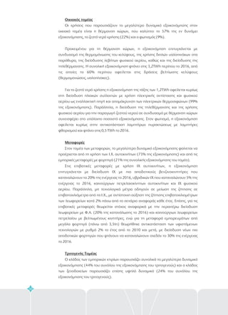 50
Οικιακός τομέας
Μεταφορές
Τριτογενής Τομέας
Οι χρήσεις που παρουσιάζουν το μεγαλύτερο δυναμικό εξοικονόμησης στον
οικιακό τομέα είναι η θέρμανση χώρων, που καλύπτει το 57% της εν δυνάμει
εξοικονόμησης, το ζεστό νερό χρήσης (22%) και ο φωτισμός (9%).
Προκειμένου για τη θέρμανση χώρων, η εξοικονόμηση επιτυγχάνεται με
συνδυασμό της θερμομόνωσης του κελύφους, της χρήσης διπλών υαλοπινάκων στα
παράθυρα, της διείσδυσης λεβήτων φυσικού αερίου, καθώς και της διείσδυσης της
τηλεθέρμανσης. Η συνολική εξοικονόμηση φτάνει στις 3,2TWh περίπου το 2016, από
τις οποίες το 60% περίπου οφείλεται στις δράσεις βελτίωσης κελύφους
(θερμομονώσεις, υαλοπίνακες).
Για το ζεστό νερό χρήσης η εξοικονόμηση της τάξης των 1,2TWh οφείλεται κυρίως
στη διείσδυση ηλιακών συλλεκτών με χρήση ηλεκτρικής αντίστασης και φυσικού
αερίου ως εναλλακτική πηγή και απομάκρυνση των ηλεκτρικών θερμοσιφώνων (99%
της εξοικονόμησης). Παράλληλα, η διείσδυση της τηλεθέρμανσης και της χρήσης
φυσικού αερίου για την παραγωγή ζεστού νερού σε συνδυασμό με θέρμανση χώρων
συνεισφέρει στο υπόλοιπο ποσοστό εξοικονόμησης. Στον φωτισμό, η εξοικονόμηση
οφείλεται κυρίως στην αντικατάσταση λαμπτήρων πυρακτώσεως με λαμπτήρες
φθορισμού και φτάνει στις 0,5 TWh το 2016.
Στον τομέα των μεταφορών, το μεγαλύτερο δυναμικό εξοικονόμησης φαίνεται να
προέρχεται από τη χρήση των Ι.Χ. αυτοκινήτων (73% της εξοικονόμησης) και από τις
εμπορικές μεταφορές με φορτηγά (21% της συνολικής εξοικονόμησης του τομέα).
Στις επιβατικές μεταφορές με χρήση IΧ αυτοκινήτων, η εξοικονόμηση
επιτυγχάνεται με διείσδυση ΙΧ με πιο αποδοτικούς βενζινοκινητήρες που
καταναλώνουν το 20% της ενέργειας το 2016, υβριδικών ΙΧ που καταναλώνουν 5% της
ενέργειας το 2016, καινούργιων πετρελαιοκίνητων αυτοκινήτων και ΙΧ φυσικού
αερίου. Παράλληλα, μη τεχνολογικά μέτρα οδηγούν σε μείωση της ζήτησης σε
επιβατοχιλιόμετρα από τα Ι.Χ., με αντίστοιχη αύξηση της ζήτησης επιβατοχιλιομέτρων
των λεωφορείων κατά 2% πάνω από το σενάριο αναφοράς κάθε έτος. Επίσης, για τις
επιβατικές μεταφορές θεωρείται στόχος αναφορικά με την περαιτέρω διείσδυση
λεωφορείων με Φ.Α. (20% της κατανάλωσης το 2016) και καινούργιων λεωφορείων
πετρελαίου με βελτιωμένους κινητήρες, ενώ για τη μεταφορά εμπορευμάτων από
μεγάλα φορτηγά (πάνω από 3,5tn) θεωρήθηκε αντικατάσταση των υφιστάμενων
τεχνολογιών με ρυθμό 2% το έτος από το 2010 και μετά, με διείσδυση νέων πιο
αποδοτικών φορτηγών που φτάνουν να καταναλώνουν σχεδόν το 30% της ενέργειας
το 2016.
Ο κλάδος των εμπορικών κτιρίων παρουσιάζει συνολικά το μεγαλύτερο δυναμικό
εξοικονόμησης (44% του συνόλου της εξοικονόμησης του τριτογενούς) και ο κλάδος
των ξενοδοχείων παρουσιάζει επίσης υψηλό δυναμικό (24% του συνόλου της
εξοικονόμησης του τριτογενούς).
 